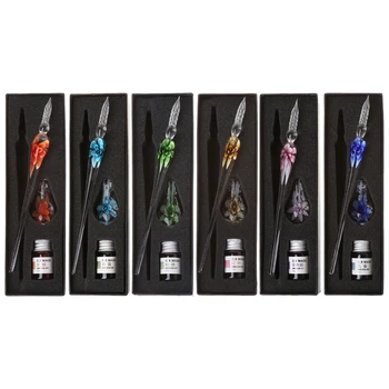 

Vintage Glass Dip Ink Pen Handmade Art Elegant Crystal Floral Glass Dip Pen Sign Ink Pens Gift Office School Stationery