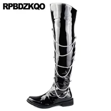 Металик приукрашенный водонепроницаемый острый носок высокие сапоги Runway панк коренастый молния обувь мужские черные лакированные мужская удобные мода комфортно мужчина