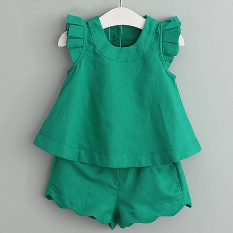 الفتيات مجموعة ملابس 2019 جديد وصول الربيع و الصيف بلوزة برقة على شكل حرف O الصلبة الاطفال مجموعة ملابس الأطفال ملابس تي شيرت + السراويل دعوى