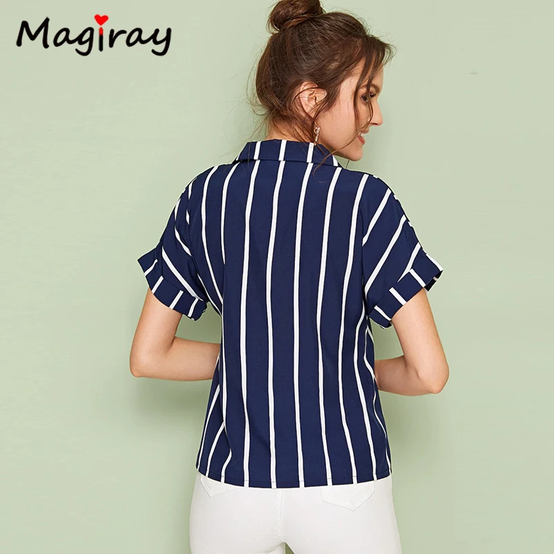  Magriay White Blue Striped Blouses Women Button Collared Batwing Sleeve Korean Elegant Chic Casual 