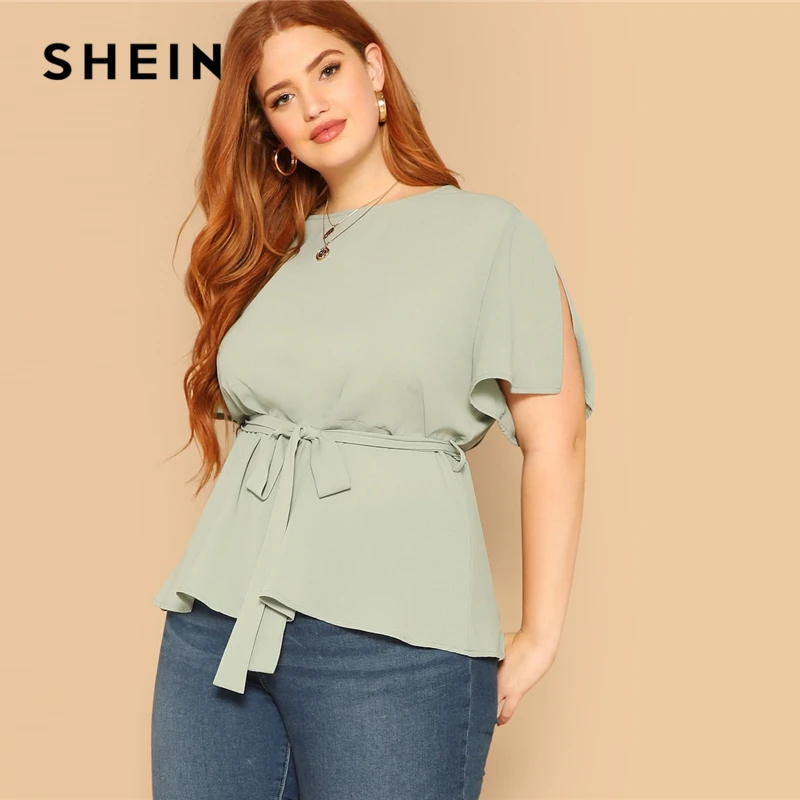 

SHEIN Green Plus Size Slit Sleeve Solid Plain Blouse Women 2019 Summer Short Sleeve Elegant Round Neck Office Lady Blouses