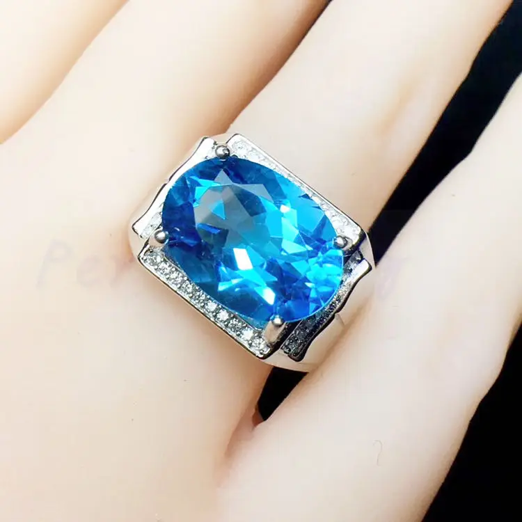 Для мужчин кольцо Природный Голубой топаз кольцо 925 Серебро 10*14 мм 9.5CT gemstone Fine jewelry Boss кольца# F18061302