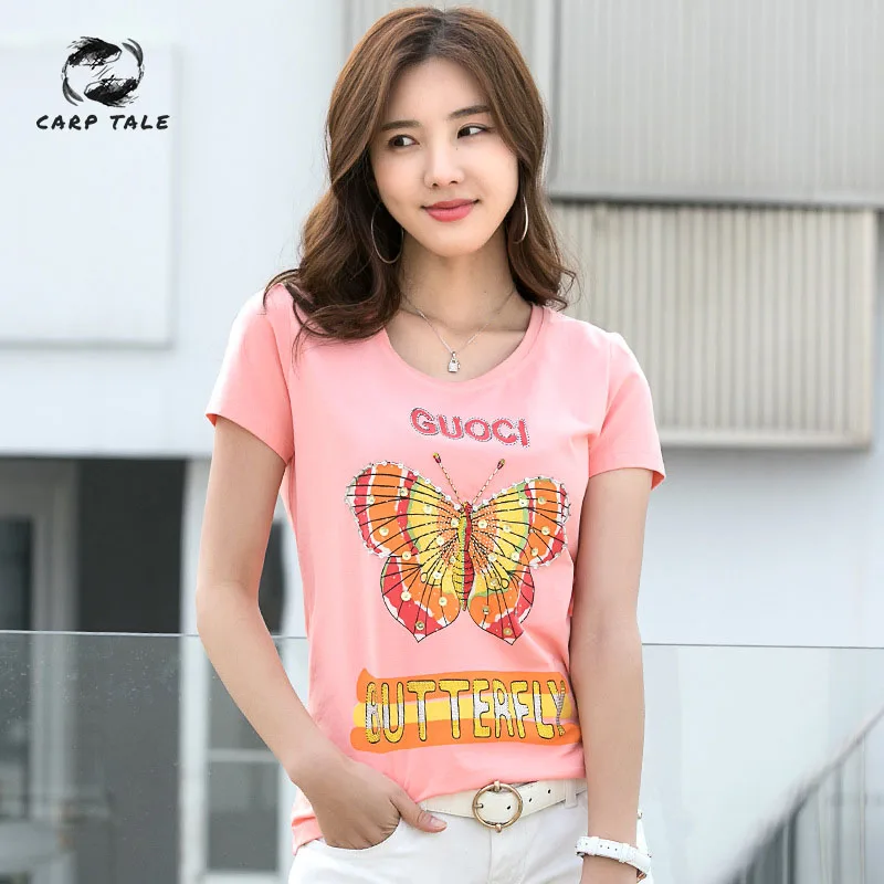 

New fashion T-shirt women's shirt short-sleeved O-neck cotton butterfly print summer rhinestone Slim ladies T-shirt