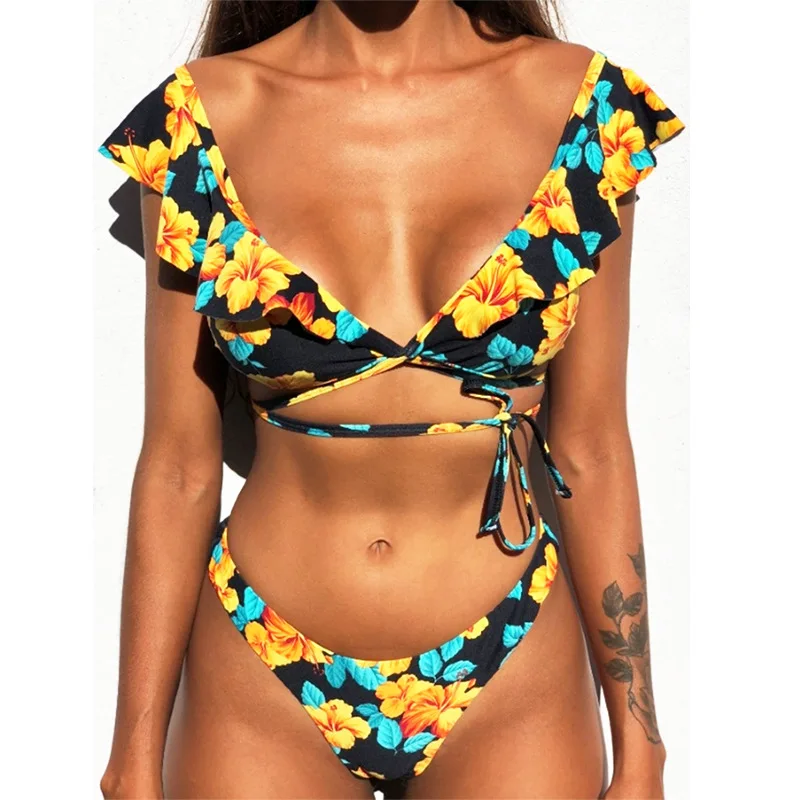 2019 New Off Shoulder Printed Ruffled Bikini Mujer Flroal Sexy Swimwear Women Swimsuit Brazilian Beach Bikini Set Thong Biquini