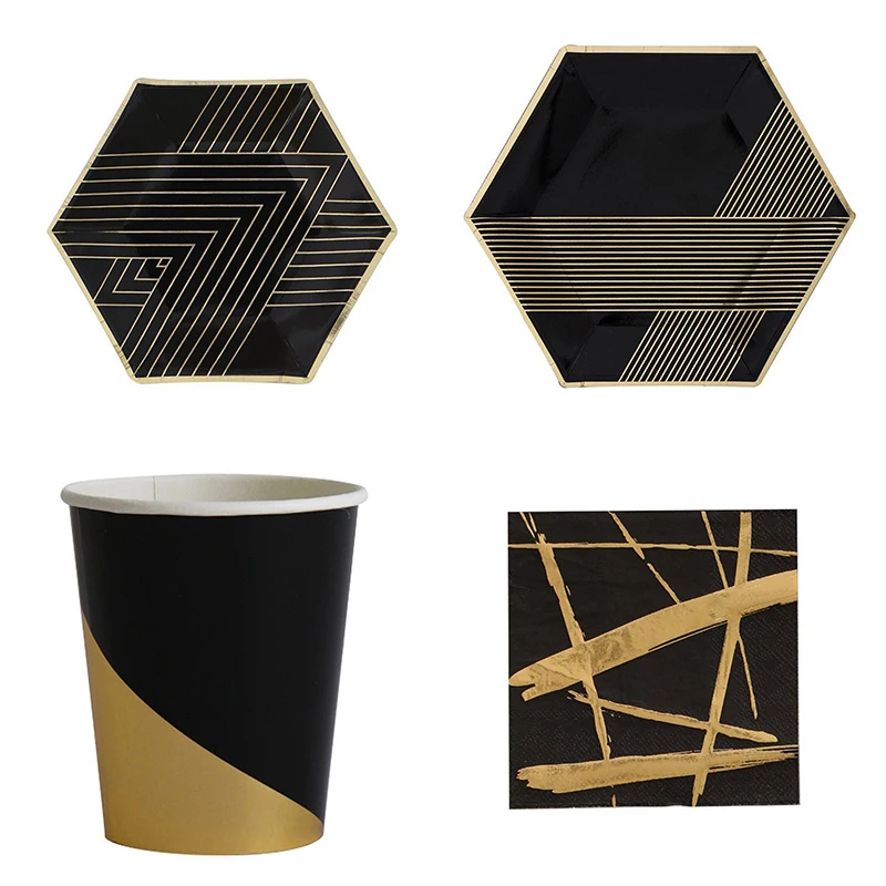 

Black Gold Party Favors Cups Towel Western Dinner Plate Banquet Birthday Graduation Party Tableware Food Photography Props