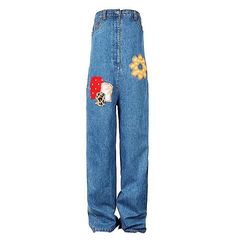 WHITNEY WANG Summer Fashion Streetwear Embroidery Patchwork Strapless Overall Jeans Women Stylish Denim Pants