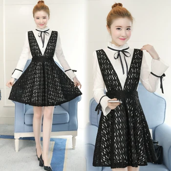 

spring dresses hollow out straps two-piece women clothing set white dress & black lace dress vestidos Korean fashion size S-XXL