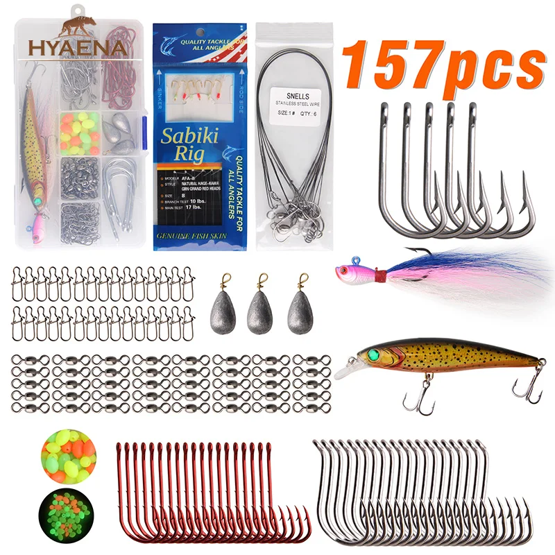 

Hyaena 157pcs Fishing Tackle Set Saltwater Bucktail Jig Sabiki Rigs Minnow Lure Hooks Swivels Leaders Sinker Weight Pesca