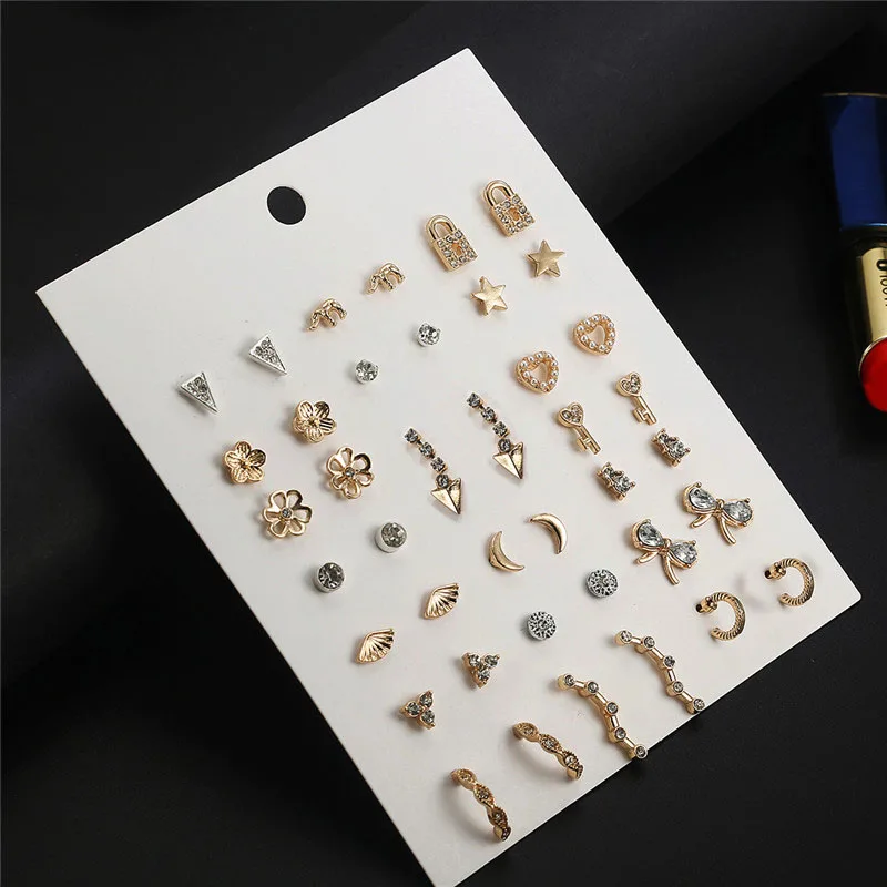 

21Pair/Set Mix Style Gold Color Crystal Pearl Star Heart Flowers Triangle Bow Stud Earrings Sets For Women Fashion Jewelry Gift