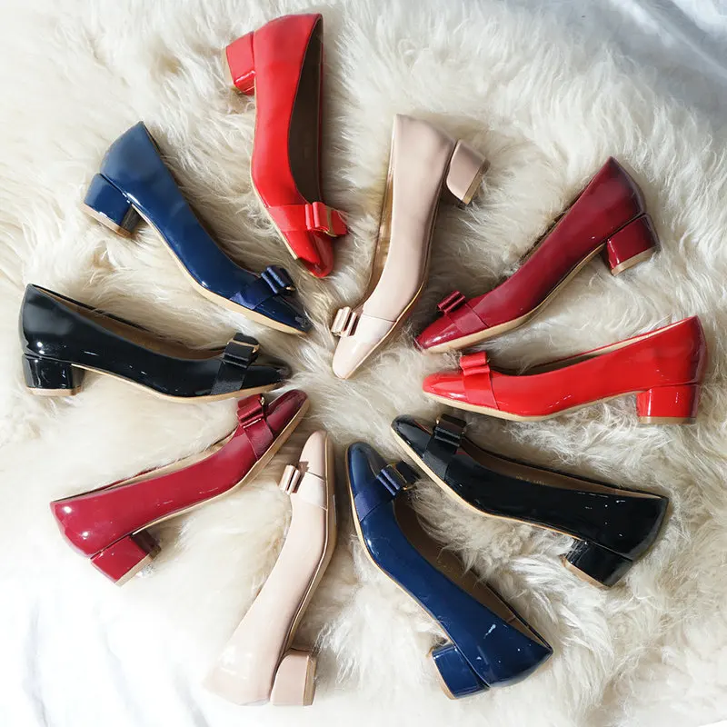 

Patent Leather High Quality Square Heel Brand Women Pumps Genuine Leather Thick Heel Black Butterfly-knot Slip-On Shoes Female