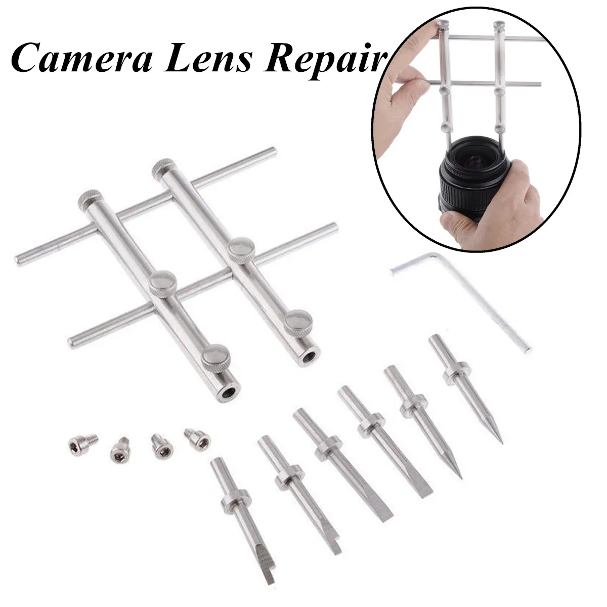 

Adjustable Camera Lens Openning Repairing Spanner Wrench Tool Kit 10-100mm Lens Repair Set with 3 Tips, 6 Screws Wrench for Cano