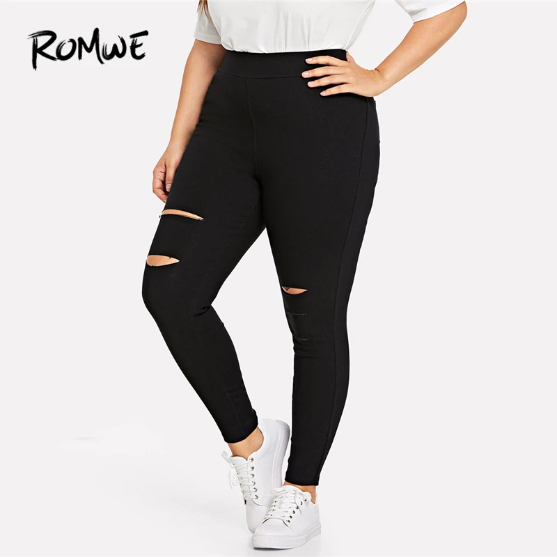 ROMWE Plus Size Cut Out Pocket Black Pants Female Skinny Weekend Casual