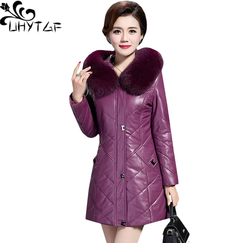 

UHYTGF L-7XL Oversized High quality leather jacket women's Fur collar fur Down jacket Warm Coat Hooded Winter Leather jacket 115