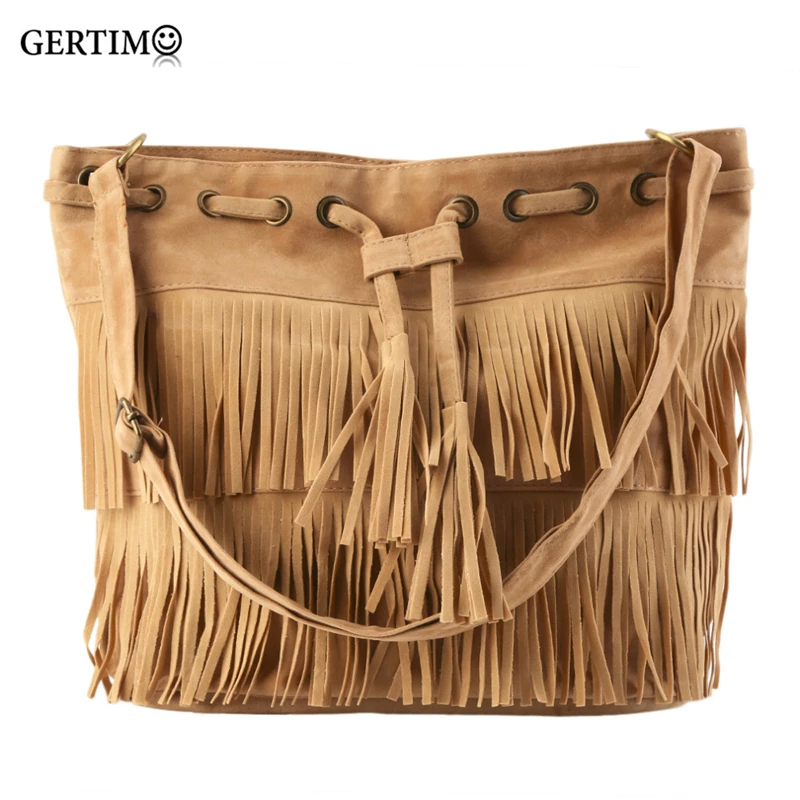 

Retro Style Women Messenger High capacity bags Tassel Shoulder Crossbody Bags for Faux Suede Handbags Drawstring Bucket Bag
