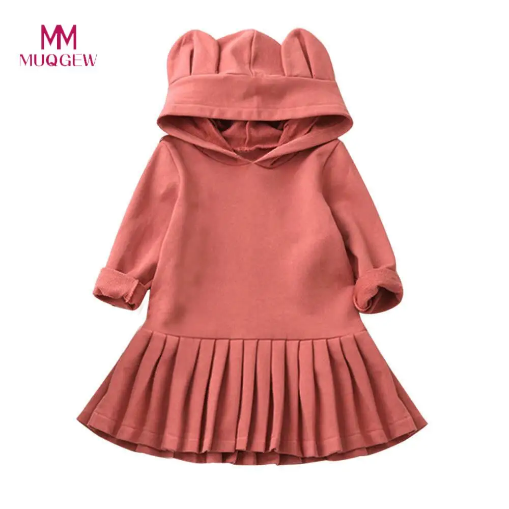 Cute Girls Dress Sweet Girls Rabbit Ear Hooded Long Sleeve Pleated Sweater Dress  Party Princess Dresses Children's Clothing