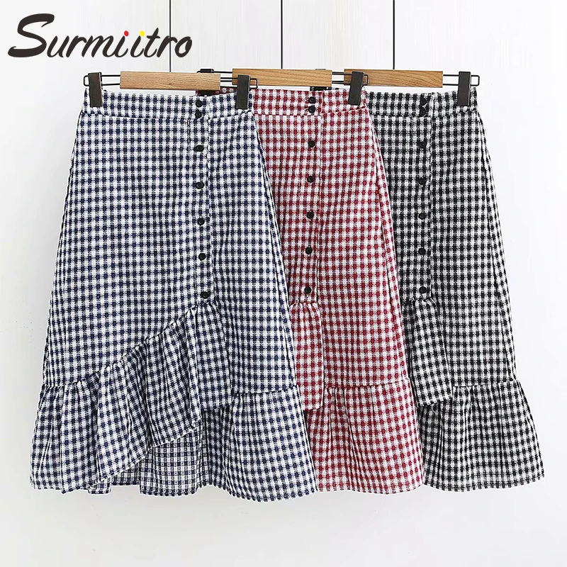 

Surmiitro Black Blue Red Plaid Summer Skirt Women 2019 Spring Fashion Korean Button High Waist A-line Sun School Skirt Female