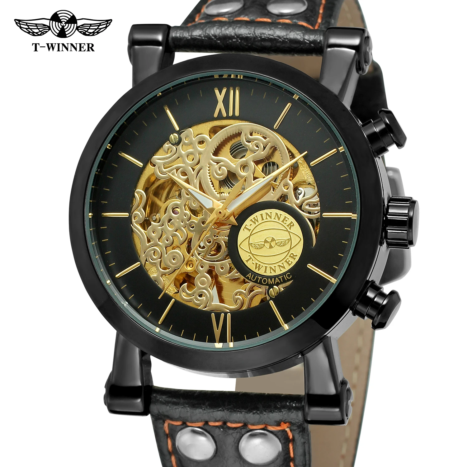 

Winner Top Brand Luxury Elegant Antique Watches Golden Skeleton Automatic Man Clock Mechanical Rome Number Leather Wristwatches