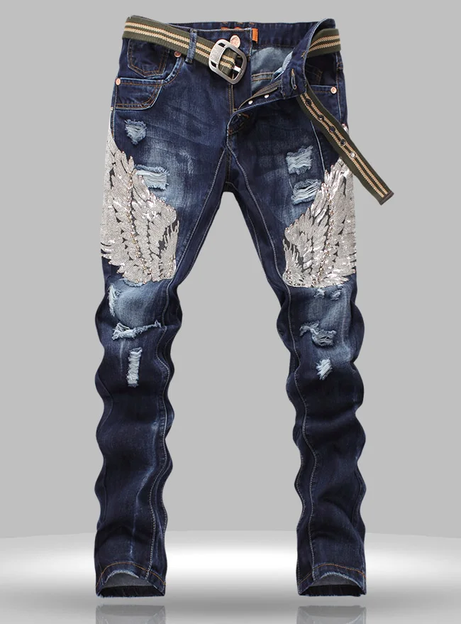 

Hot sale New designer men Sequins jean fashion cutout Straight trousers