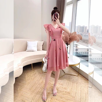 

Summer 2019 Dress Sexy Fashion Mesh Pink Ruffles V Neck Women Embroidery Sleeveless Night Club Body con Party Dresses Wholesale