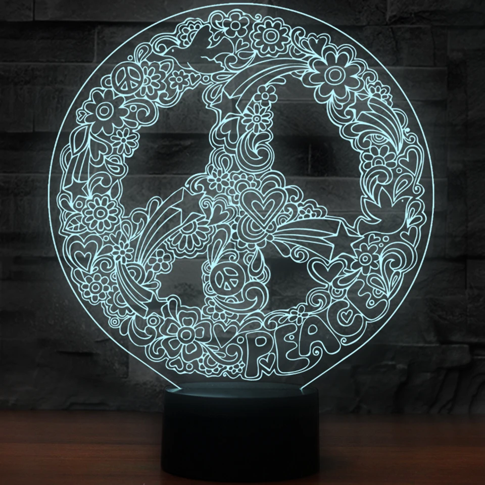

Innovative 3D Art Hippie Peace Sign Shape Night Lights For 7 Colors Changing Led Lighting Creative Office Decor USB Table Lamp