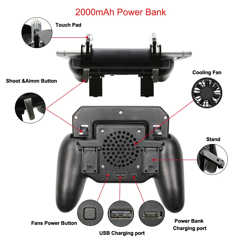 Pubg Controller Joystick Pubg Mobile Trigger L1R1 Shooter Gamepad Phone Holder Cooler Fan with 2000/4000mAh Power Bank