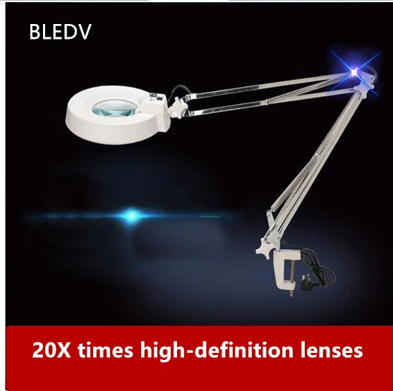  220V 10X Clip Big Magnifying Glass Lamp Magnifier White/Blue Optical Glass Folding Stand for PCB Pr