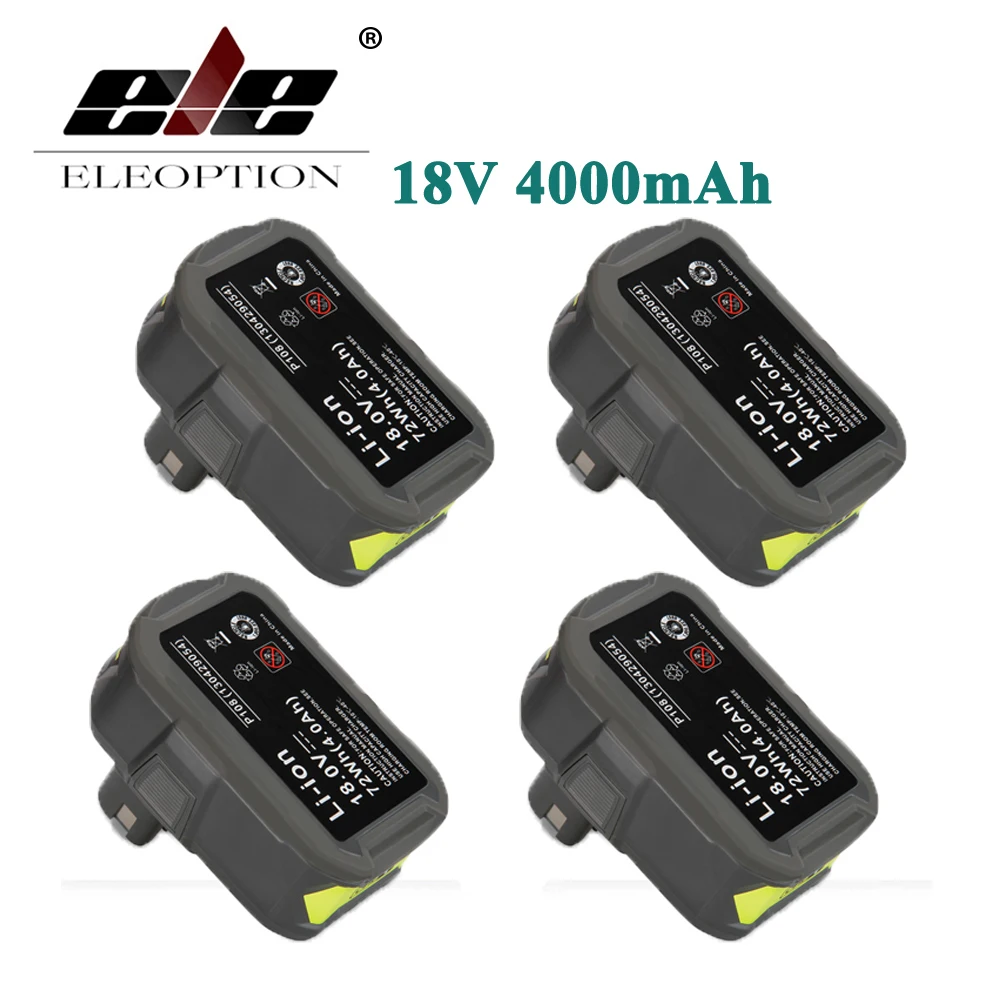 

ELEOPTION 4PCS High Capacity P108 18V 4000mAh Li-Ion For Ryobi RB18L40 P300 P400 Rechargeable Power Tool Battery Ryobi ONE+