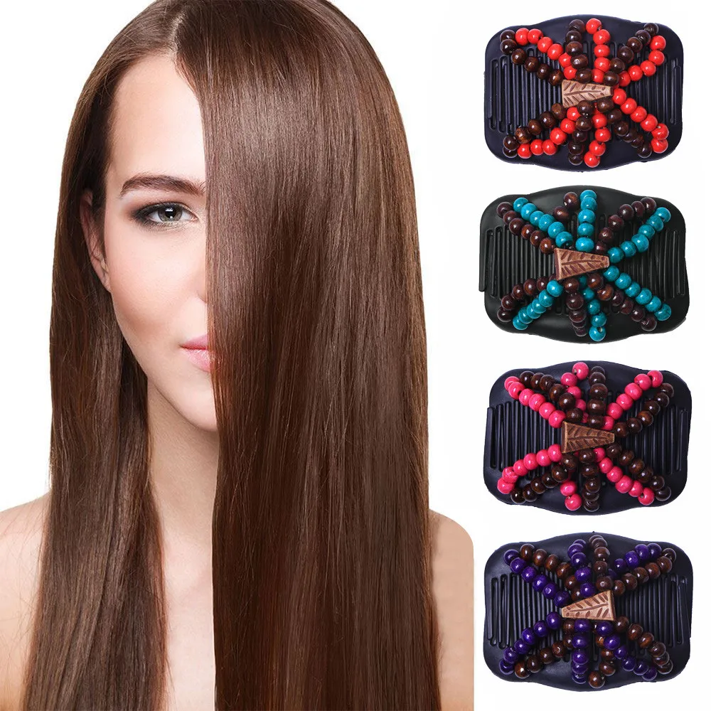 HAICAR Hair Comb Women Magic Wood+Beads Acrylic Retro Vintage Double Clips Slide gift AA# dropship | Красота и здоровье