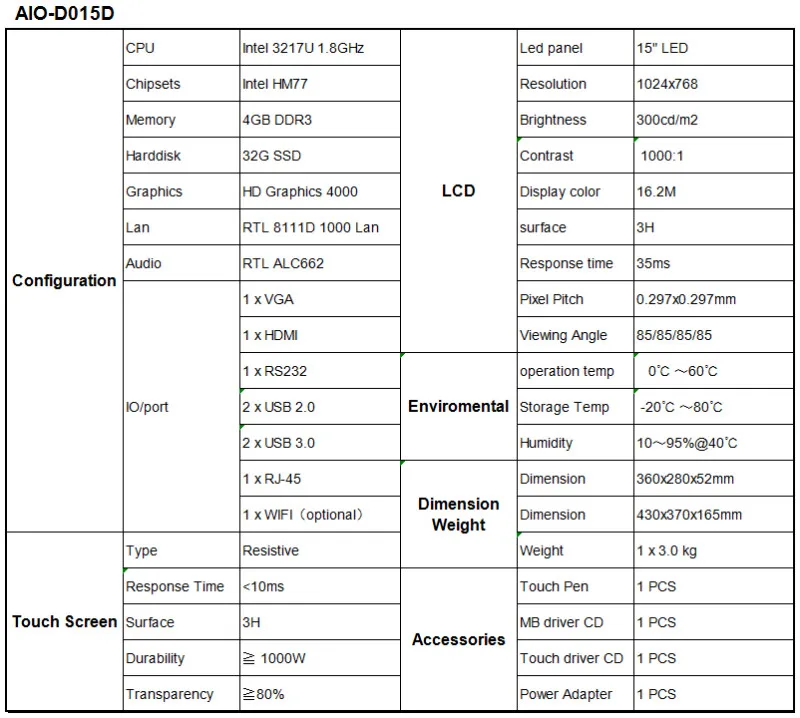 1" intel core i3 промышленный встроенный ПК RS232/4USB/wifi все в одном ПК Резистивный Сенсорный Разрешение 1024x768 4 Гб ram 32G SSD