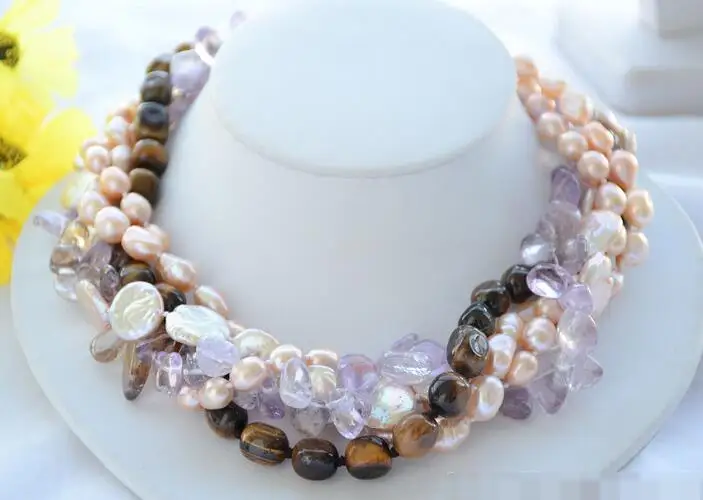 

3887 5strands pink rice coin pearl amethyst tiger's-eye bead necklace