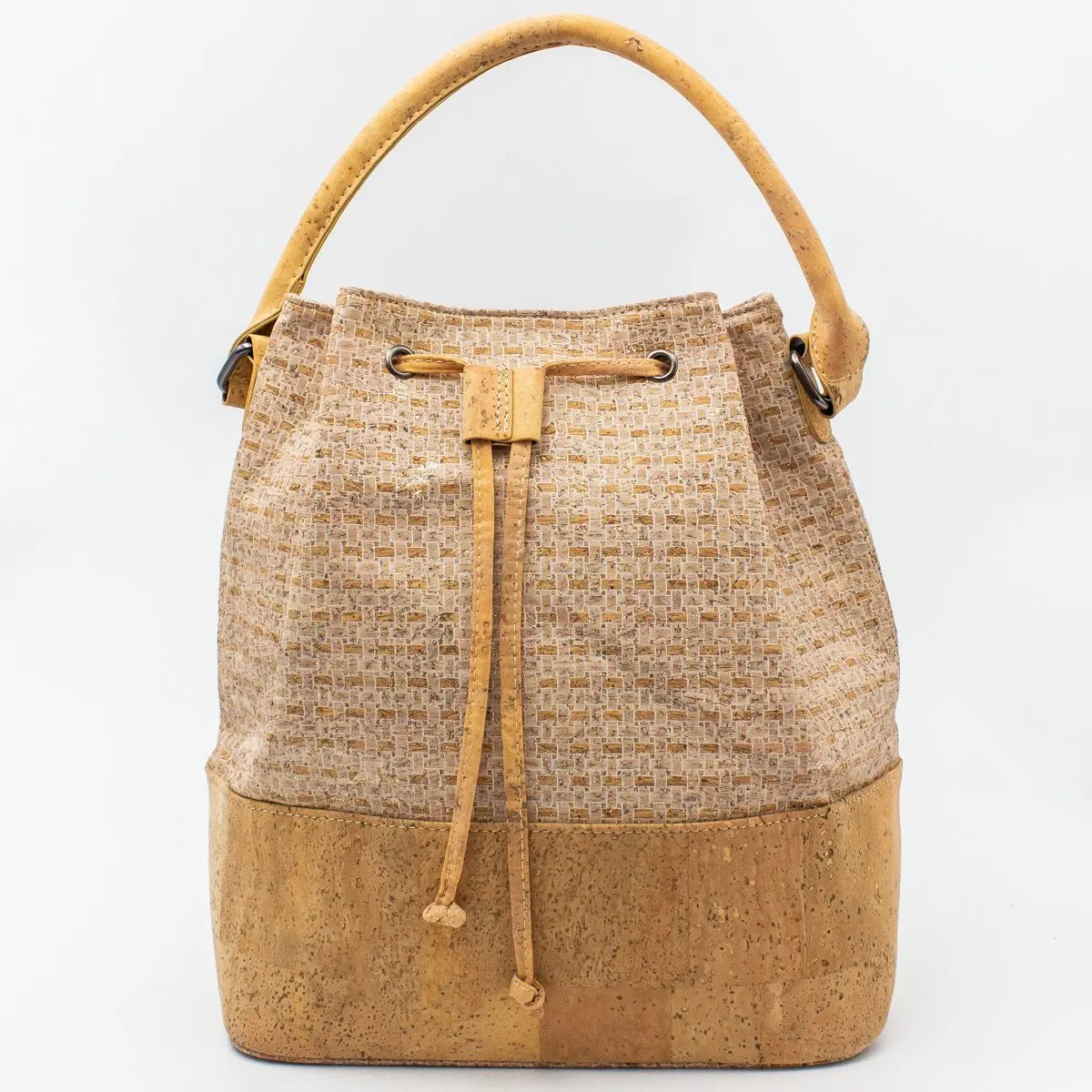 Natural Cork bucket lady bag with white pattern from Portugal vegan bag