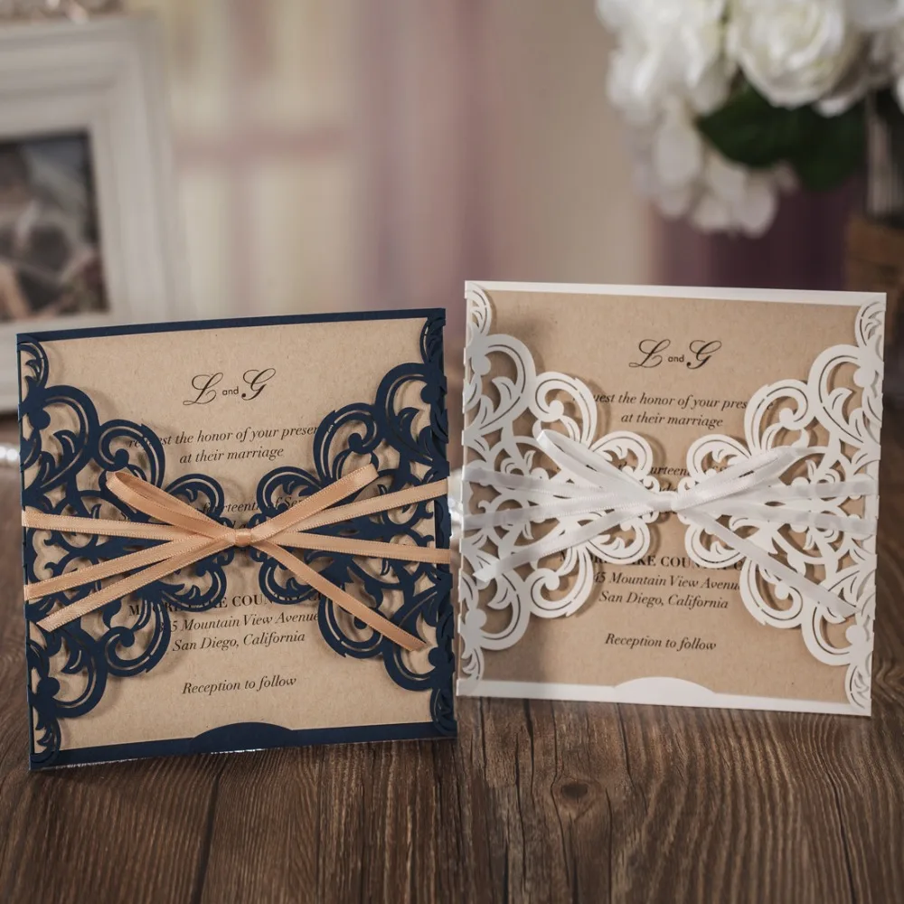 50Laser Cut Wedding Invitation Cards with Square Lace and