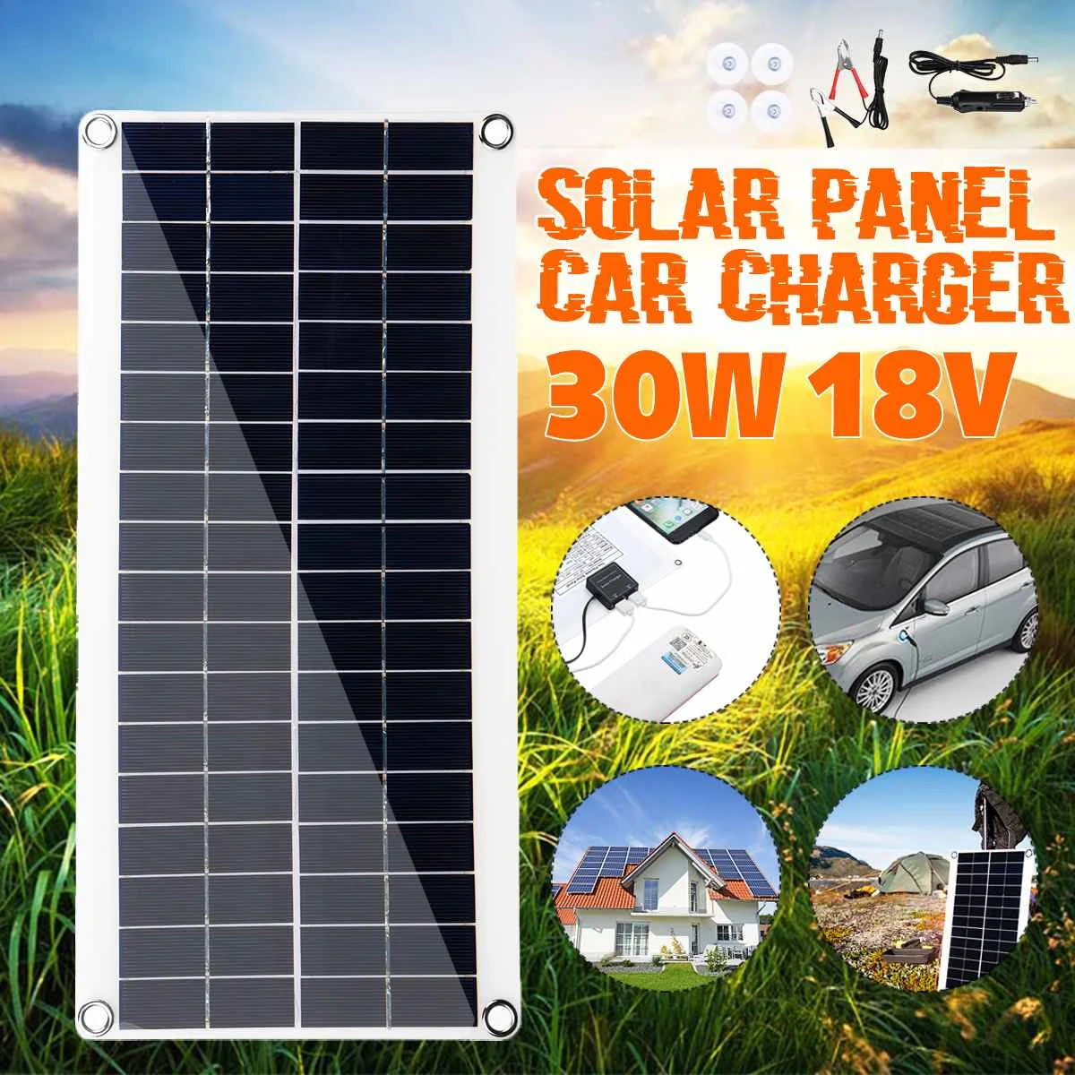 

30W 18V Portable Solar Panel Double USB Power Bank Board External Battery Charging Solar Cell Board Crocodile Clips Car charger