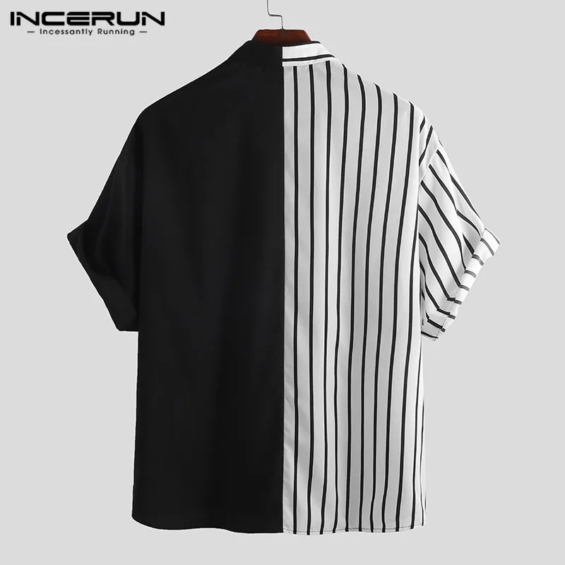  INCERUN Fashion Striped Patchwork Men Shirt Personality Short Sleeve Loose Button Up Hip-hop Casual