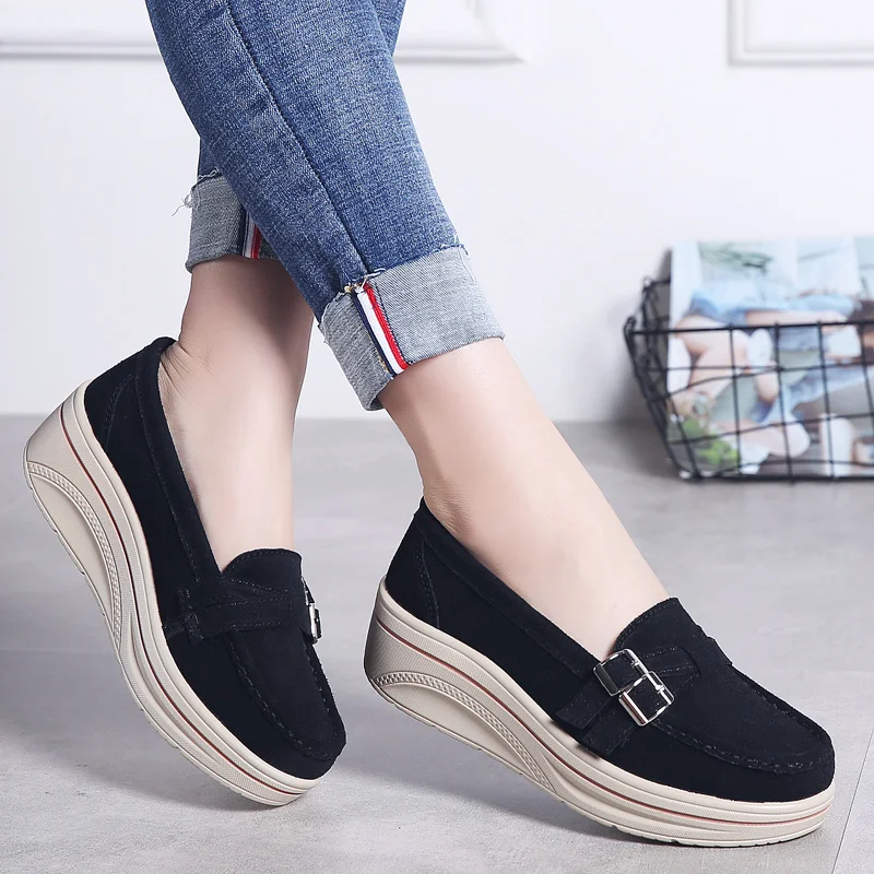 

2019 New Walking Shoes Women Fitness Genuine Leather Loafers Woman Slip-on Flats Slimming Ladies Platform Wedge Shoes creepers