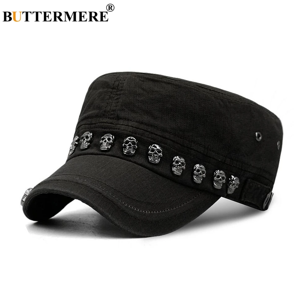 

BUTTERMERE Cotton Military Hat Men Black Punk Rock Flat Cap Women Skull Rivet Army Caps Casual Autumn Classic Sailor Hats Male
