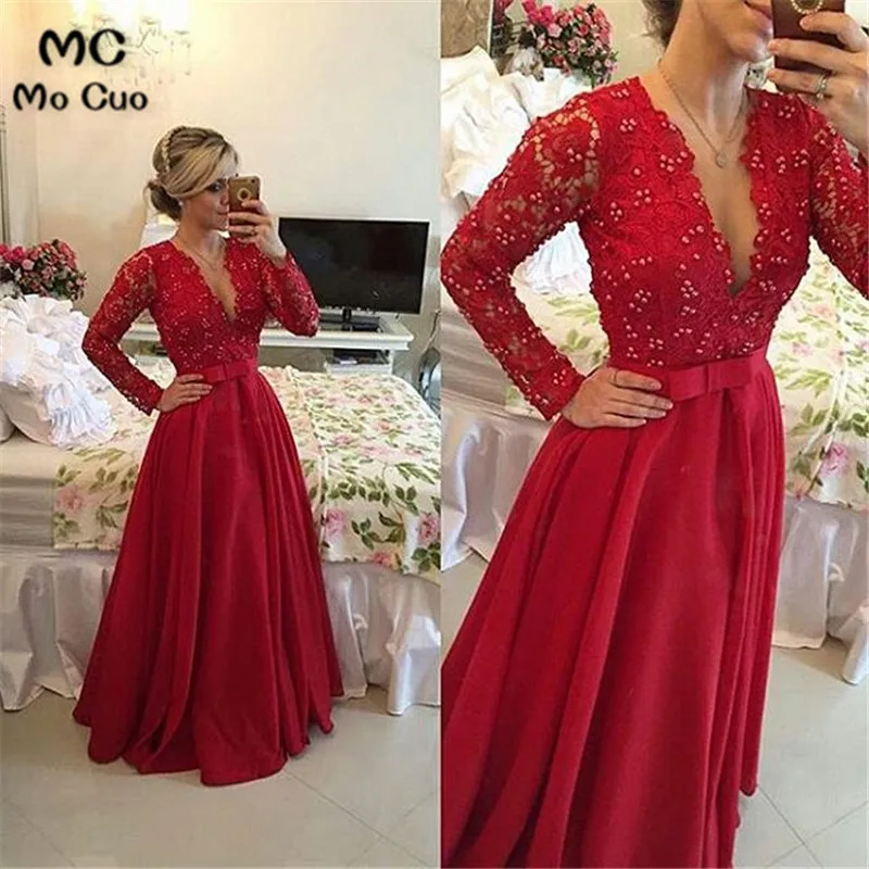 

Promotion 2018 A-Line Evening Gown Deep V-Neck Full Sleeve Lace Draped bow Red Long Party Evening dress for women