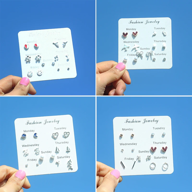 

7 Pair/Bag Popular One Week Stud Earrings for Women Multiple Styles Small Heart Tree Crystal Pearl Female Silver Earrings Set