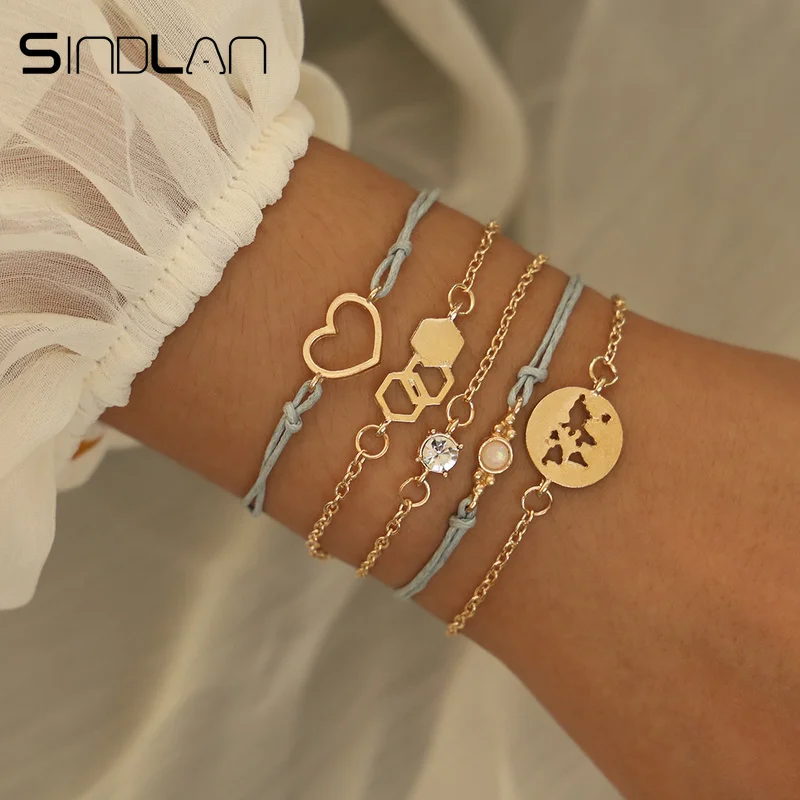 

Sindlan 5PCs Hollow Hexagon Opal Crystal Charm Bracelets Set World Map Heart Geometric Bracelets for Women Boho Bangles Bracelet