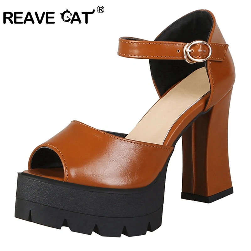 

REAVE CAT Women's sandals High hoof heel Platform Peep toe Buckle Cover heel Black Yellow Big size 33-43 Working Summer A2025