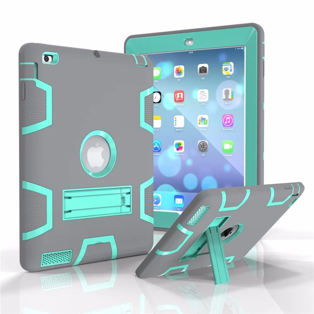 

For Apple iPad 2 3 4 9.7" Case Hybrid Front Back 360 Full Protect Cover Shockproof Plastic Silicone 3 Layers Built in Kickstand
