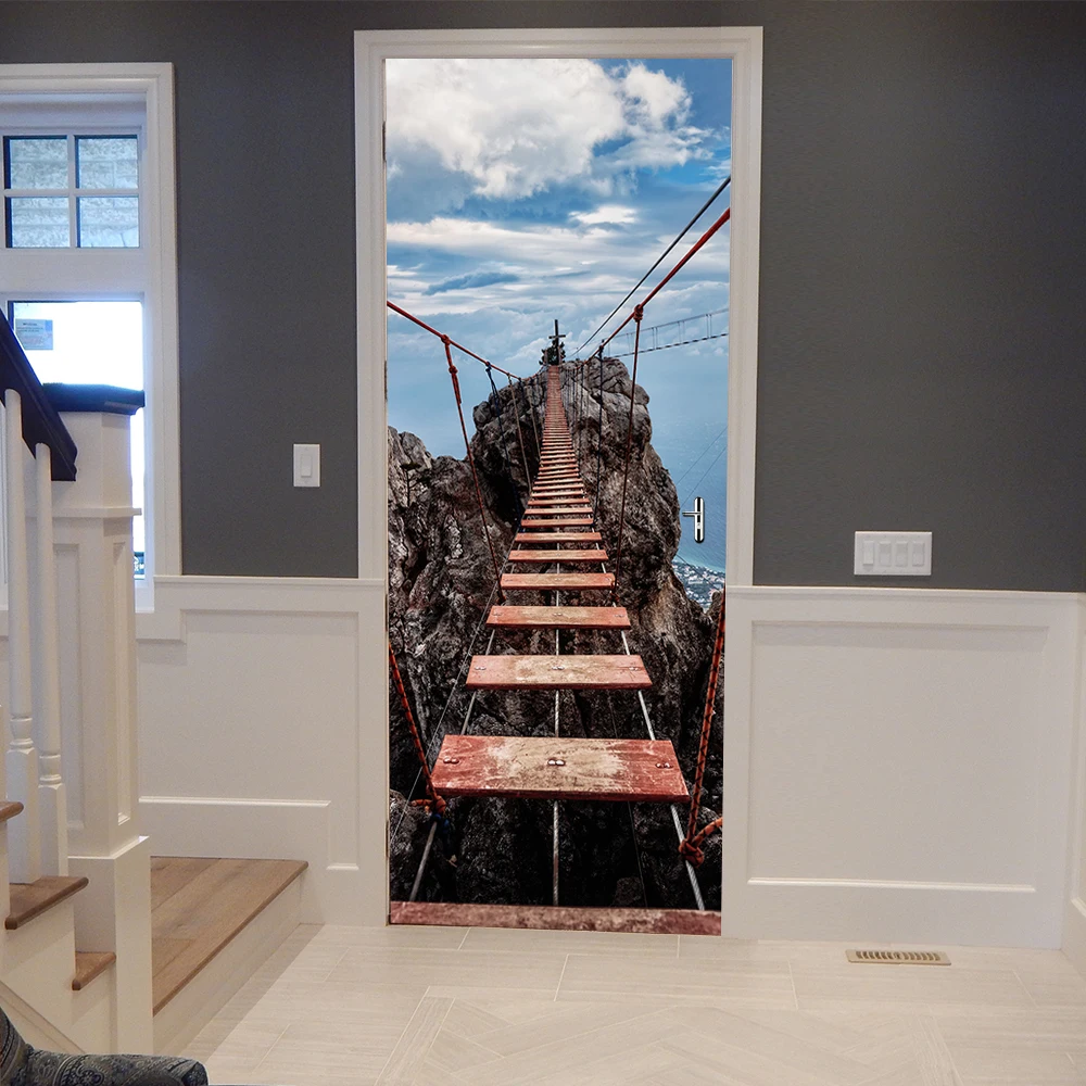 

2pcs/set 3D Wall Stick Wooden Bridge Door Sticker Waterproof PVC Wallpaper Self-adhesive Art DIY Decals Bedroom Home Decoration