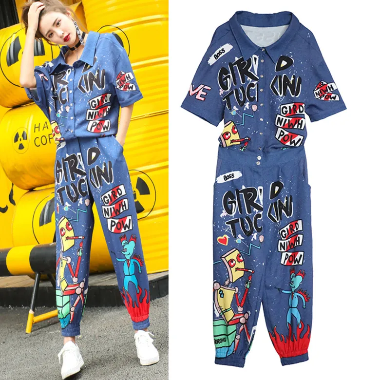 European Style Women Long Jumpsuit SpringSummer Graffiti Printing