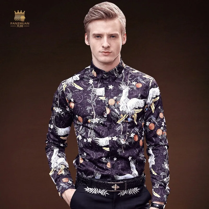 

FanZhuan 2017 Free Shipping New fashion casual male men's personality long sleeved Slim shirt crane Botany 712005 printing