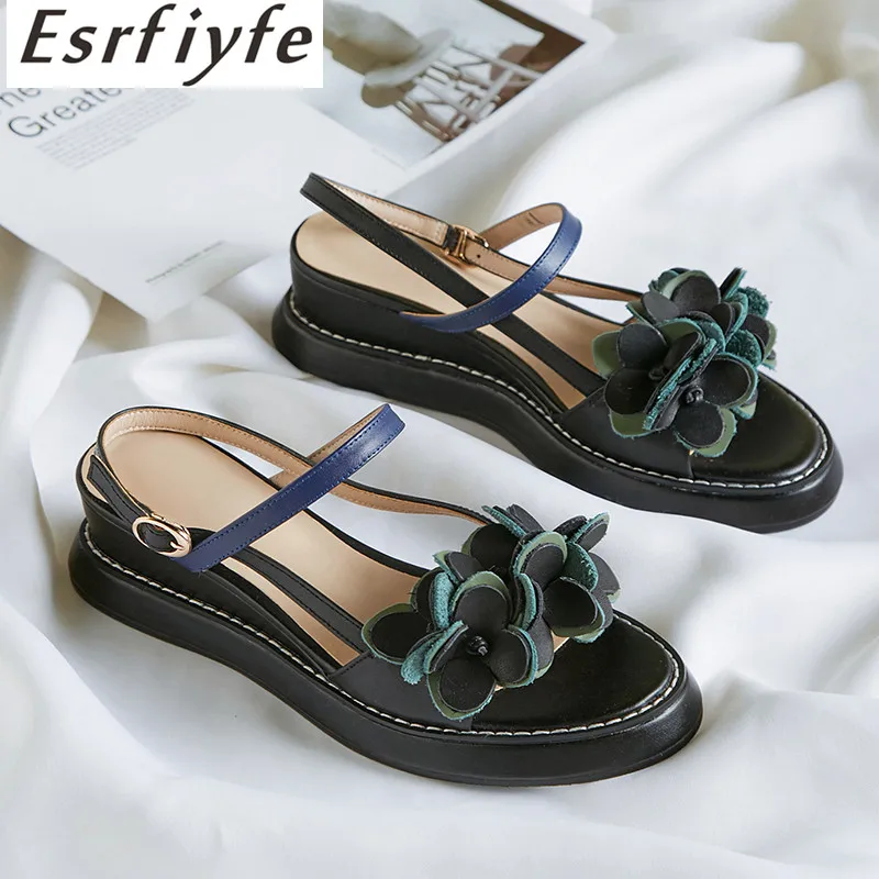 

ESRFIYFE 2019 New Genuine Leather Women Sandals Fashion Height Increasing Waterproof Taiwan Shoes Woman Flower Party Women Shoes