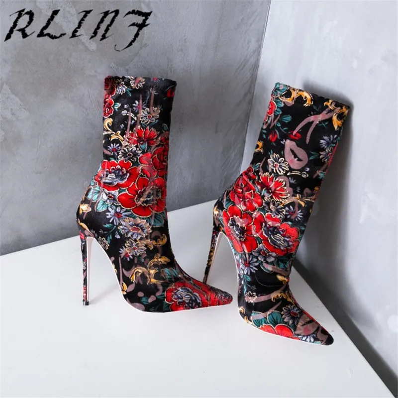 

RLINF Embroidered Sexy Pointed High Heel Women's Booties