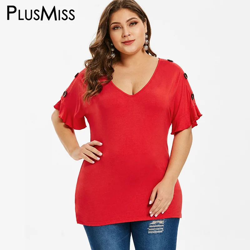

PlusMiss Plus Size 5XL Summer Flounce Short Sleeve T Shirts Women Red Button Casual Tunic Tops Tee Ladies 2019 XXXXL XXXL XXL