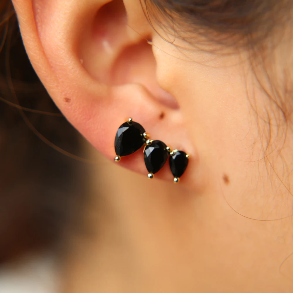 

2018 wholesale fashion jewelry 4 colors gold color three stone pear shape Stone black white pink green climber long earring