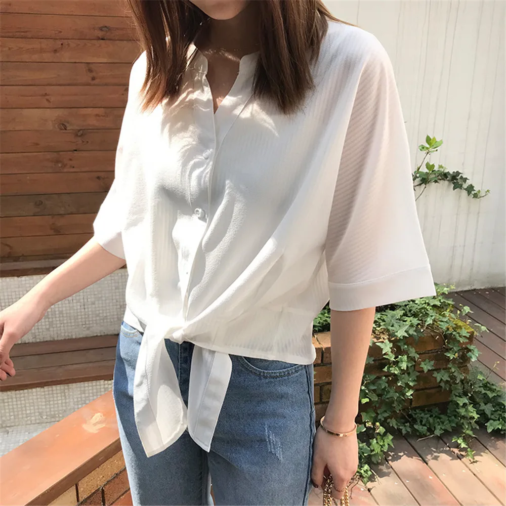 Short Style Loose Chest Women Blouse Shirt 2018 Summer V Neck Casual Short Shirt Chiffon Half Sleeve Dating Blouse campus Shirt (20)