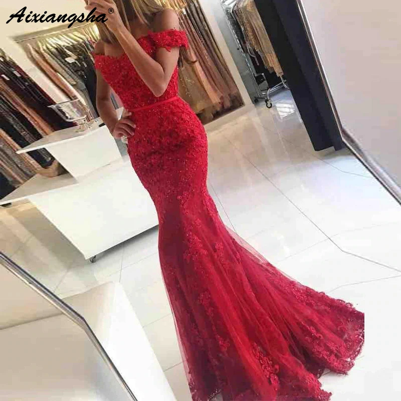 Red Prom Gown Mermaid Off The Shoulder Beaded Lace Party Formal Dress Women Elegant Evening Dresses Robe De Soiree